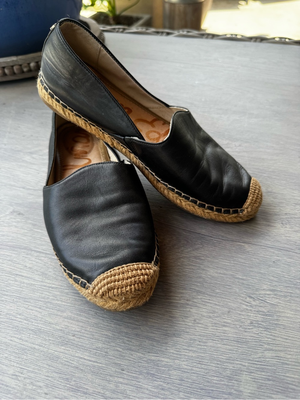 Sam Edelman Black Leather Espadrille Flats with Natural Jute Toe